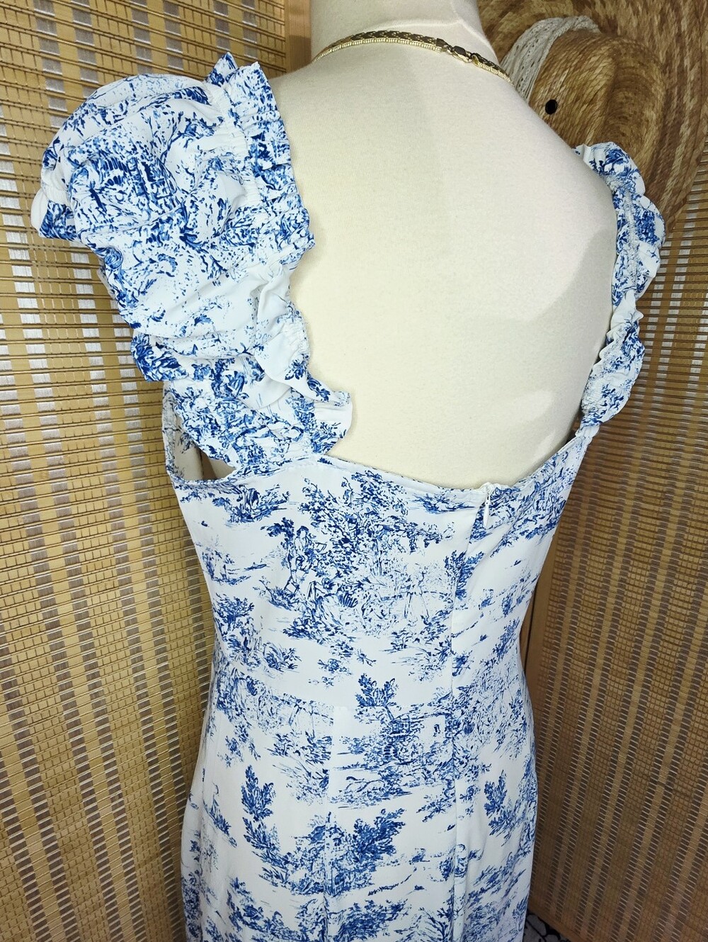 Blue White Toile Flowy Maxi Dress Ruffles Cottagecore , Size XL - Picture 2 of 9